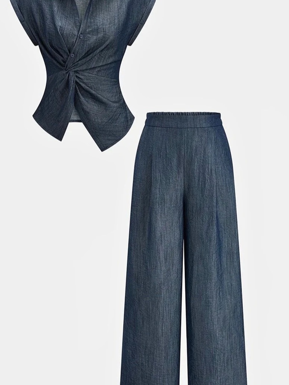Commense Twist Front Cap Sleeve Shirt & Pants Set Blue XL